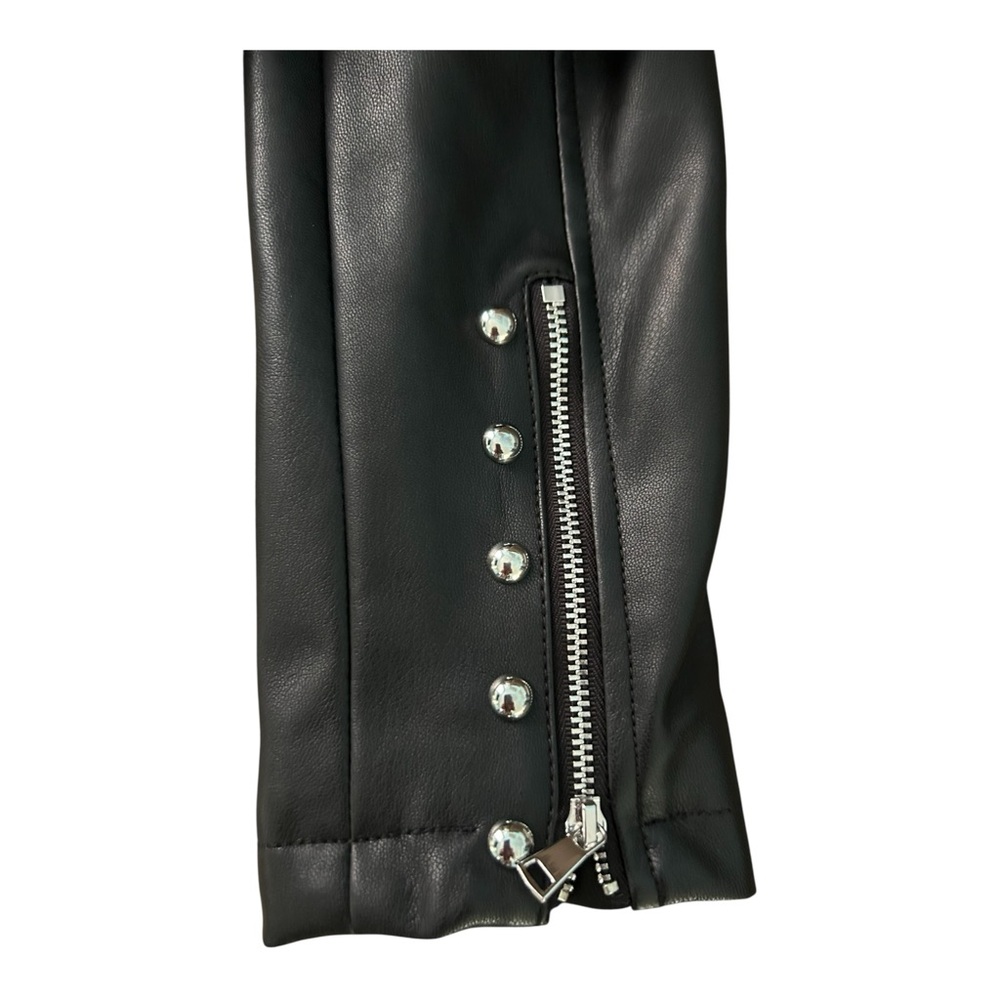 Bebe Black Faux Leather Moto Jacket Sz S Black w/Floral Detail Studded Zippers - Picture 6 of 10
